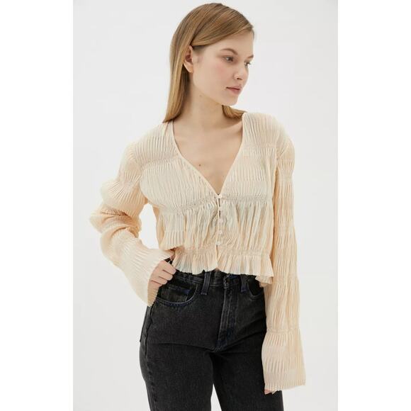 Urban Outfitters Aliyah Plisse Button-Front Blouse - Picture 1 of 9
